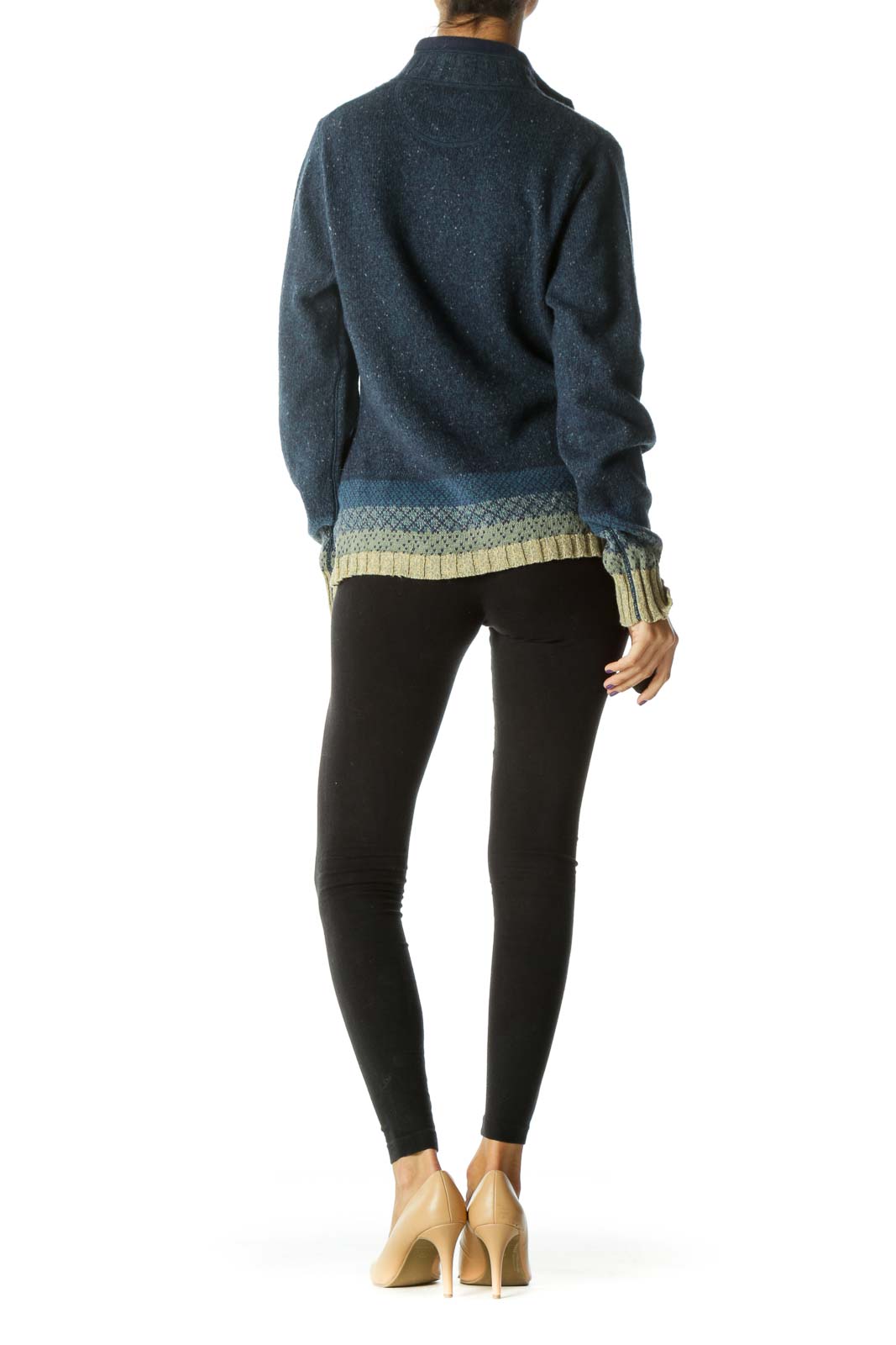 Blue Yellow Knit Print Wool Blend Zippered Pullover Sweater