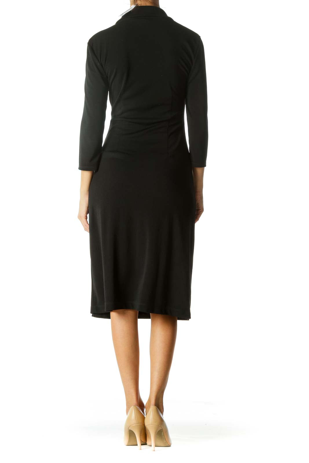 Black Surplice Scrunched Collared Stretch Work Dress