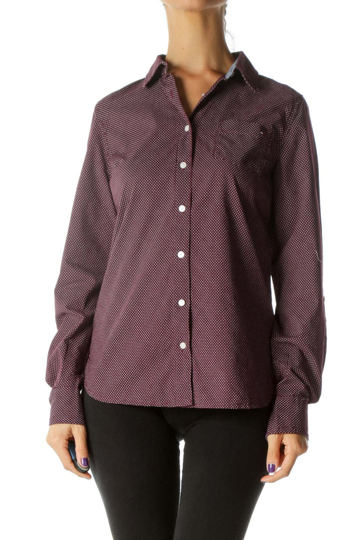 Burgundy White 100% Cotton Dotted Long Sleeve Shirt