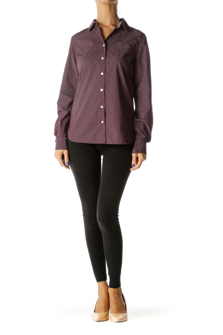 Burgundy White 100% Cotton Dotted Long Sleeve Shirt