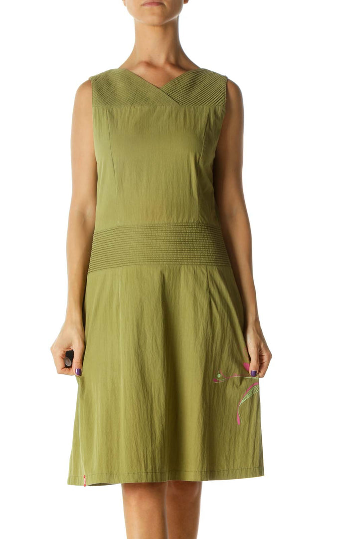 Green Pink Print Pleated Detail Stretch Day Dress