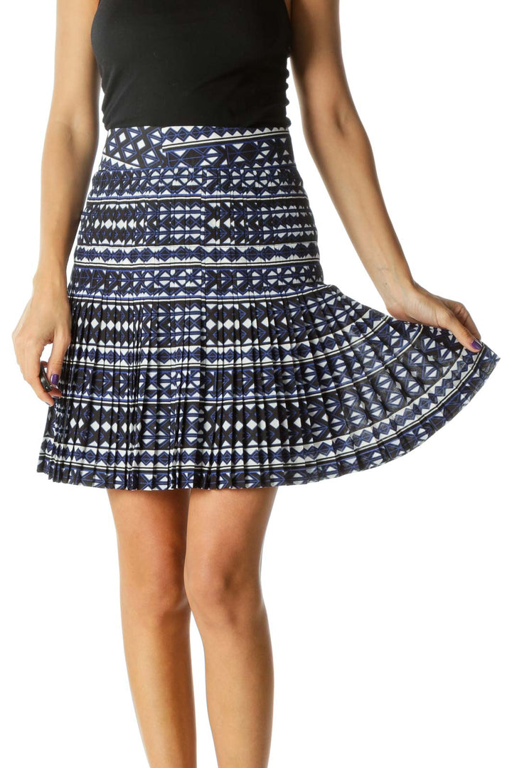 Blue White Blue Pleating Print Cinched Waist Skirt