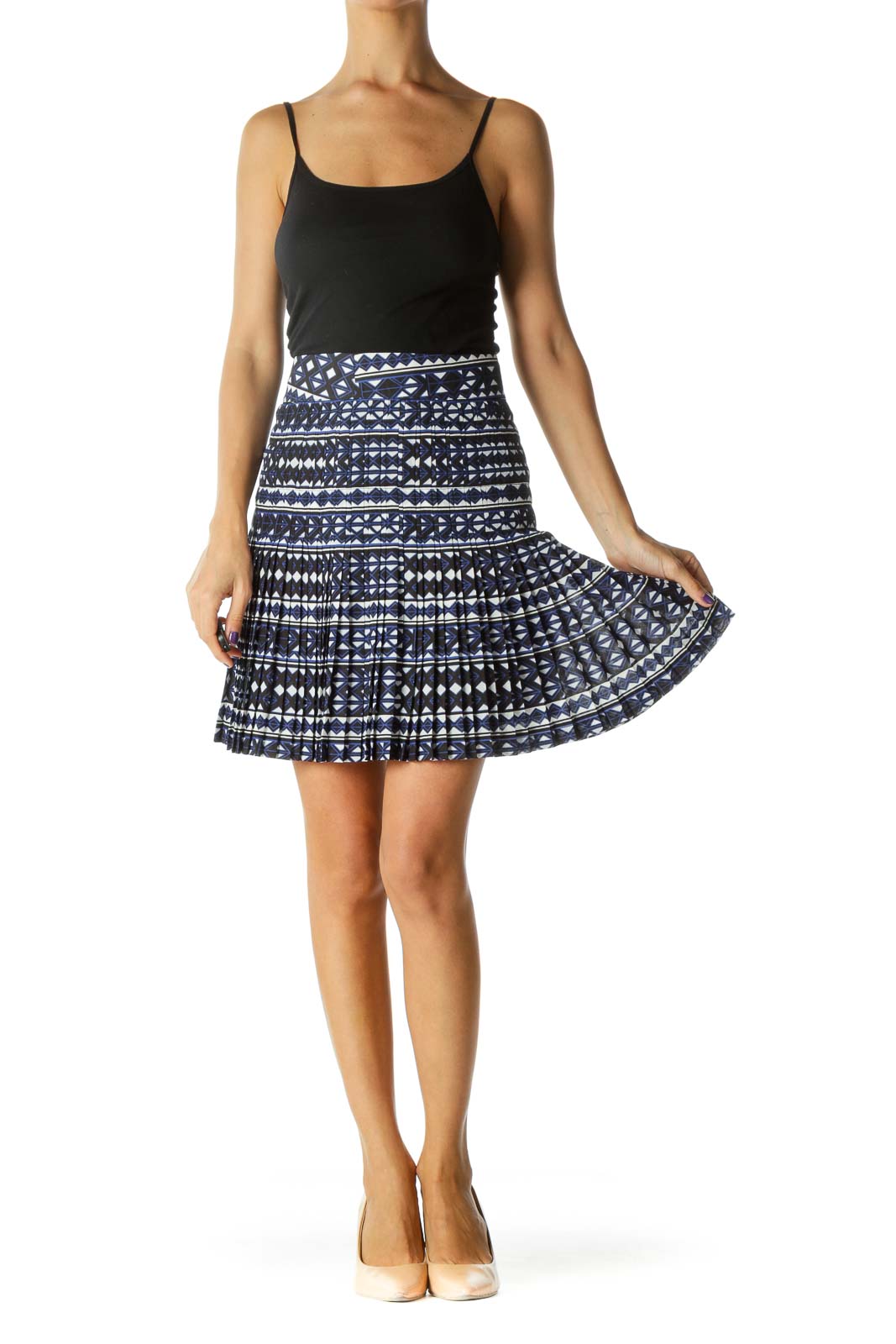 Blue White Blue Pleating Print Cinched Waist Skirt