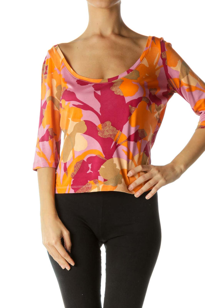 Magenta Orange Beige 100% Silk Round Neck Print Stretch Top