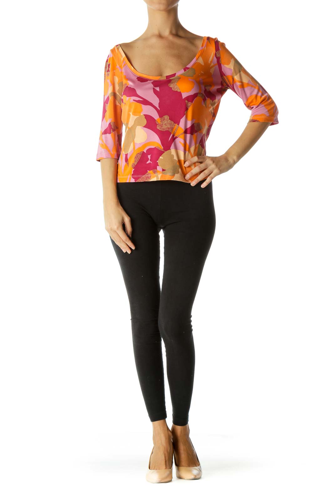 Magenta Orange Beige 100% Silk Round Neck Print Stretch Top