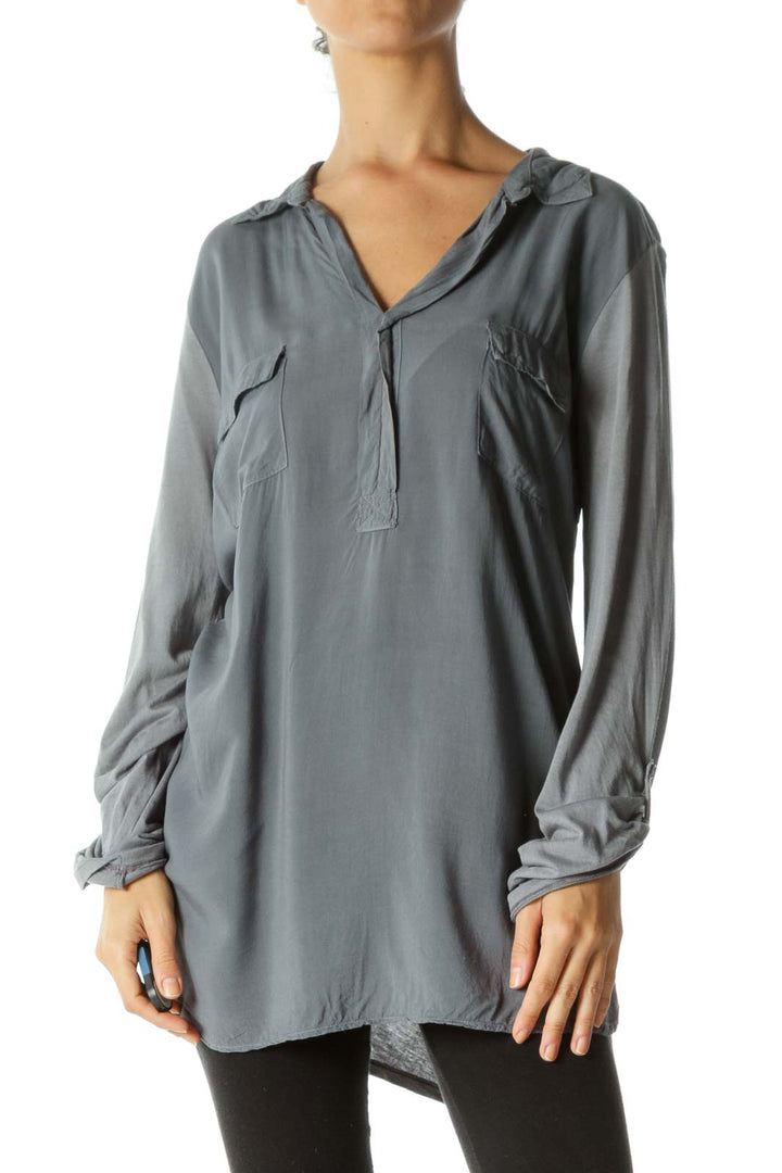 Gray Supima Cotton Blend Pocketed V-Neck Long Sleeve Light Top