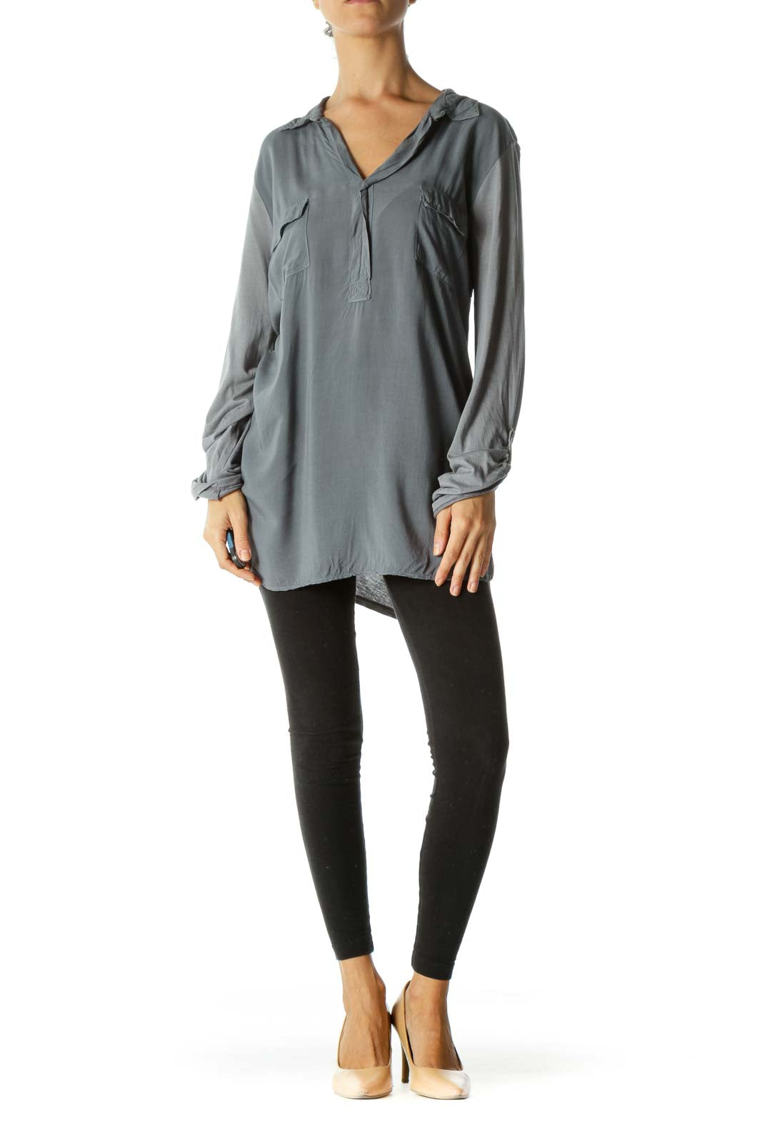 Gray Supima Cotton Blend Pocketed V-Neck Long Sleeve Light Top