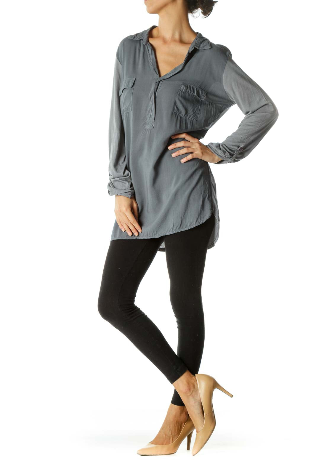 Gray Supima Cotton Blend Pocketed V-Neck Long Sleeve Light Top