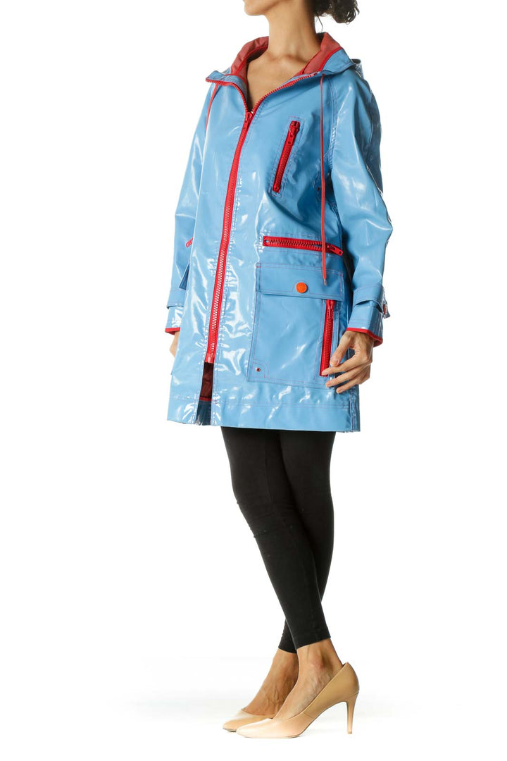 Blue Orange-Red Multi-Zippers Hooded Drawstring Weighted Rain Coat