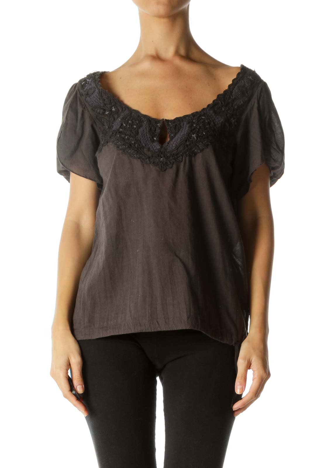 Front view of gray Free People peasant top with black lace trim