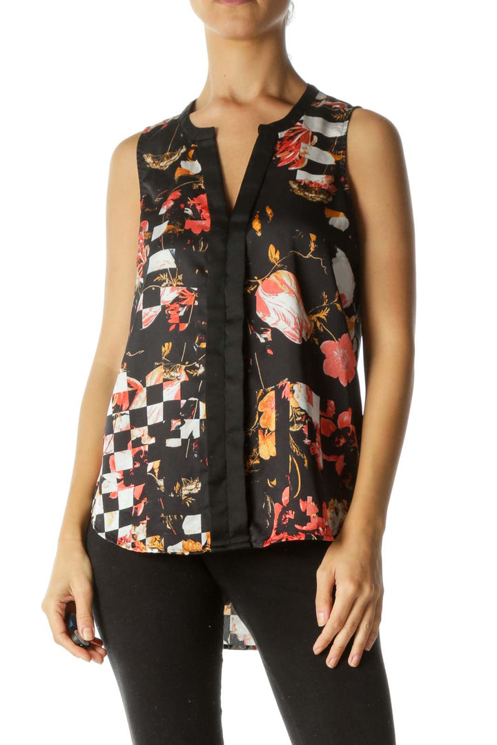 Black Orange Gray Floral-Print Shift Tank Top