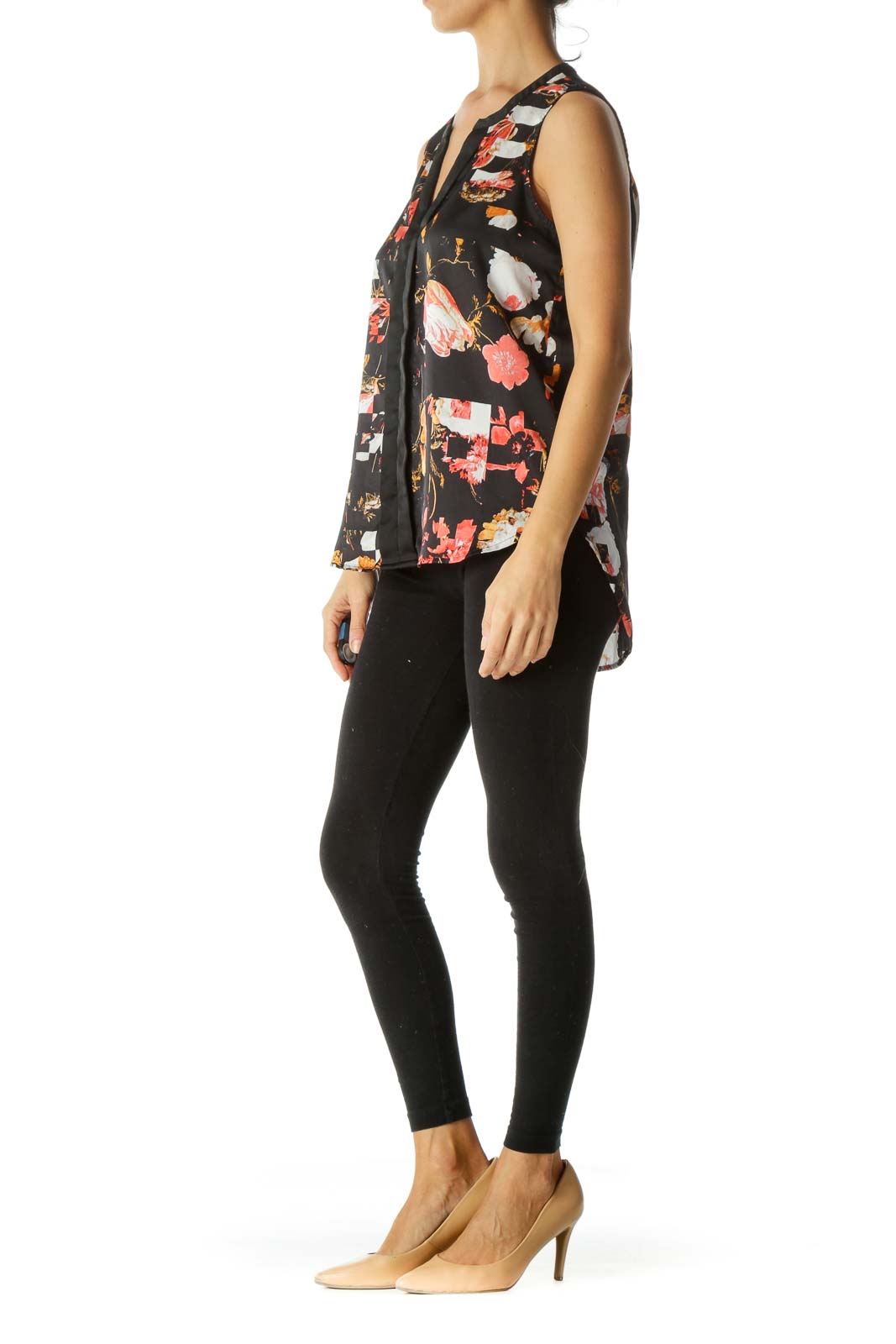 Black Orange Gray Floral-Print Shift Tank Top