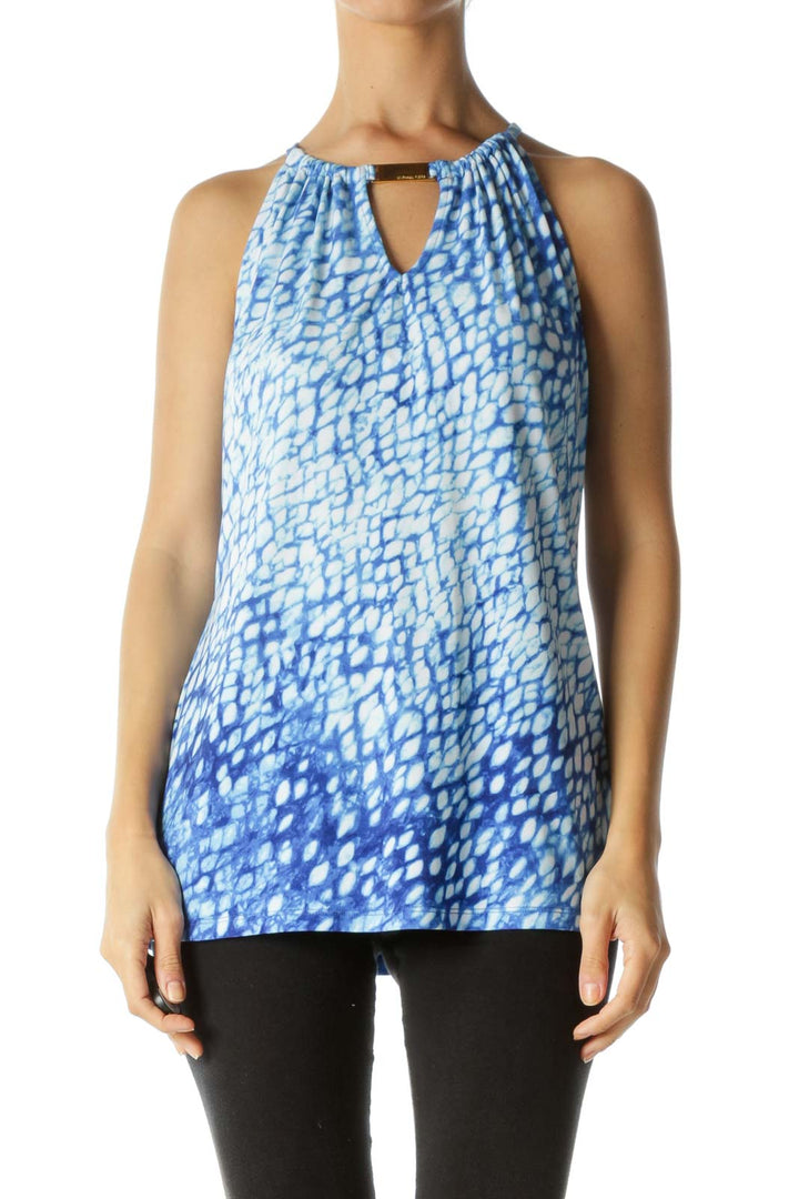 Blue White Print Keyhole Gold Hardware Stretch Top