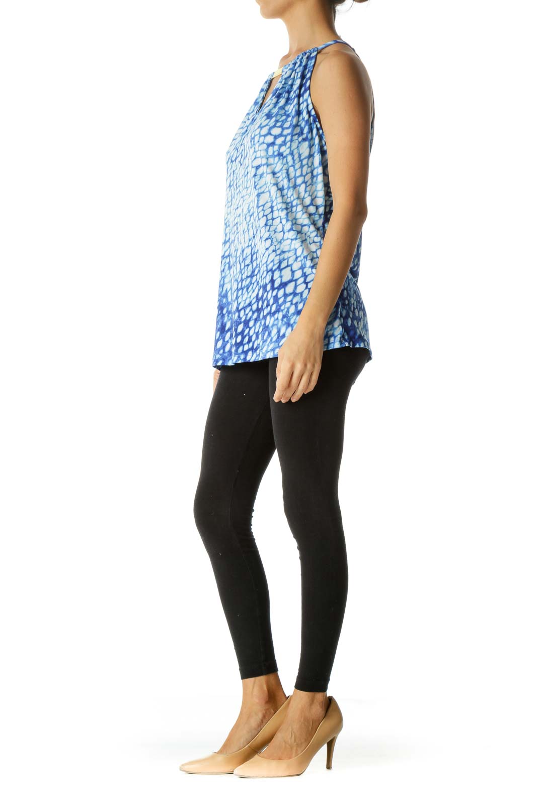 Blue White Print Keyhole Gold Hardware Stretch Top