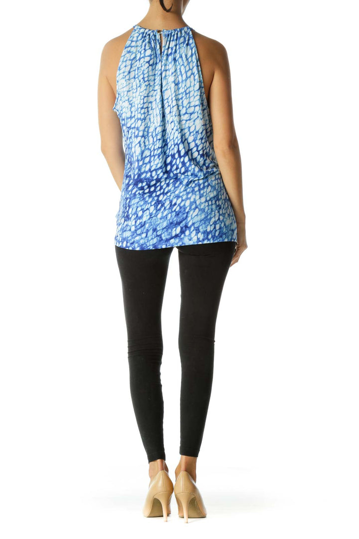 Blue White Print Keyhole Gold Hardware Stretch Top