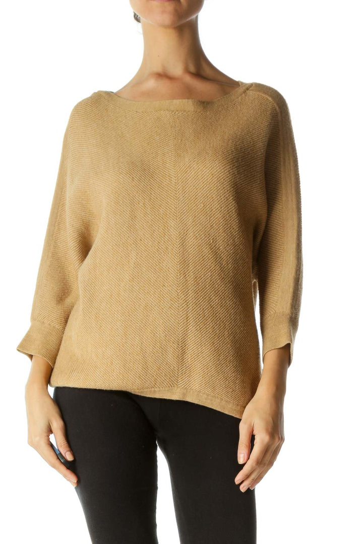 Tan Beige Soft-Touch Boat Neck Bat Sleeve Knit Sweater