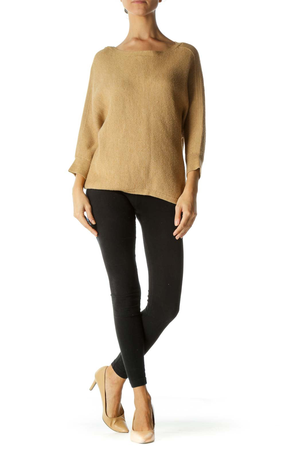 Tan Beige Soft-Touch Boat Neck Bat Sleeve Knit Sweater