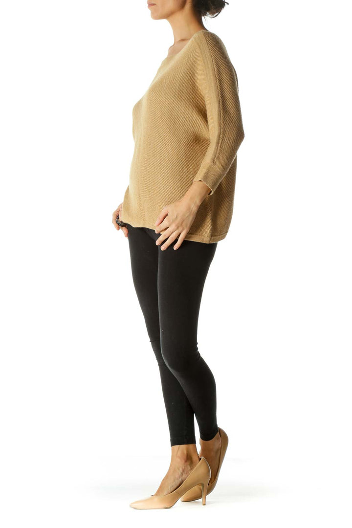 Tan Beige Soft-Touch Boat Neck Bat Sleeve Knit Sweater