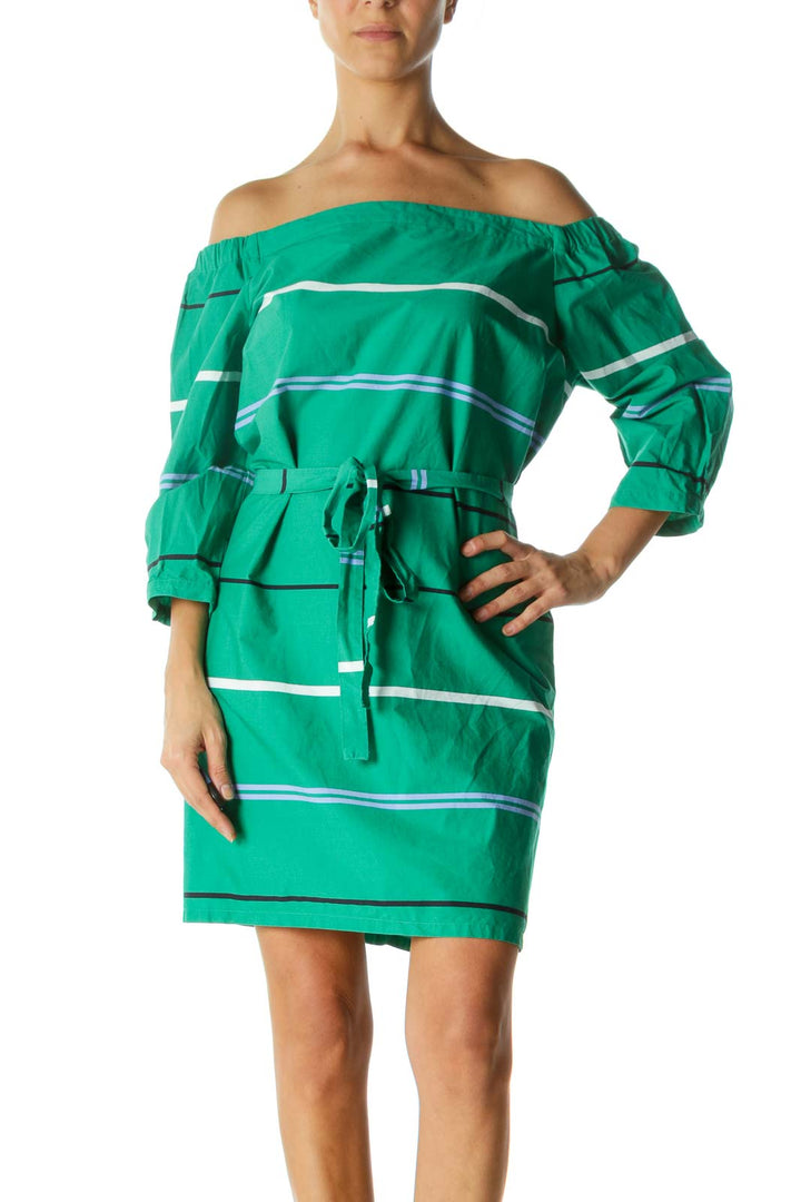 Green Striped Off-Shoulder Shift Dress