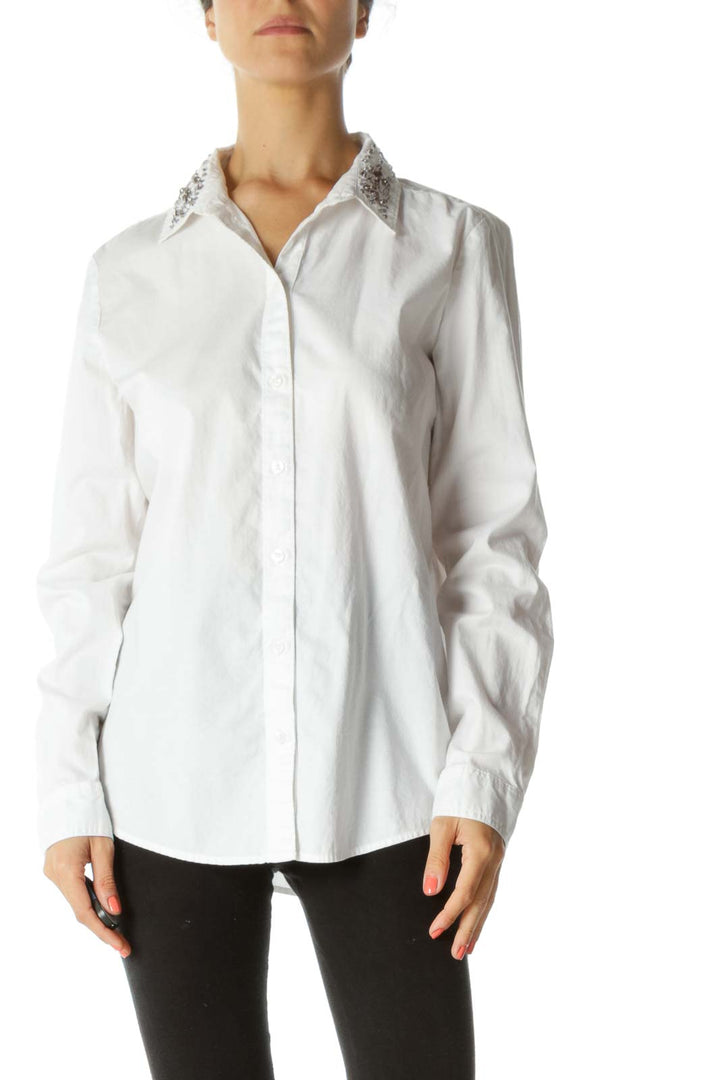 White 100% Cotton Bejeweled Collar Buttoned Stretch Shirt