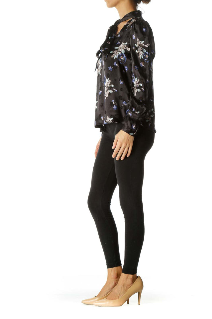 Black Blue Purple Print Textured-See-Through-Stars Appliques Tulle-Shoulder-Structuring Blouse