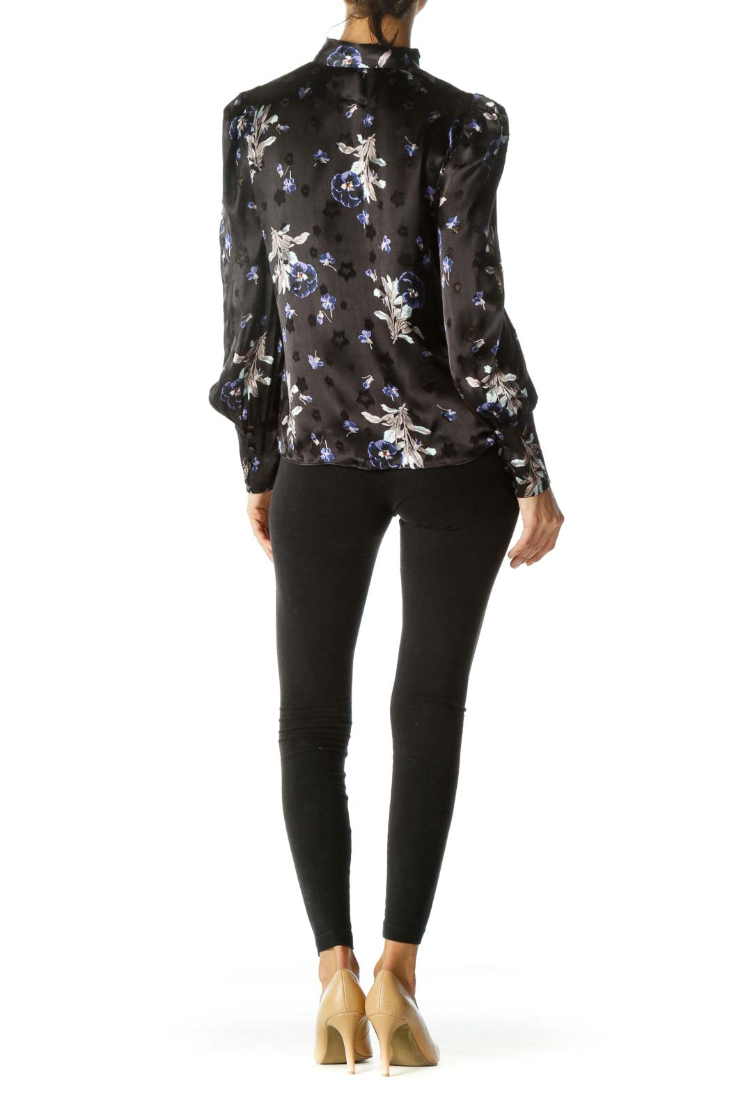 Black Blue Purple Print Textured-See-Through-Stars Appliques Tulle-Shoulder-Structuring Blouse