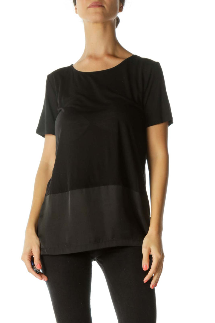 Black Round Neck Mixed-Media Stretch Short-Sleeve Top