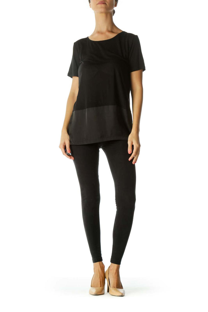 Black Round Neck Mixed-Media Stretch Short-Sleeve Top