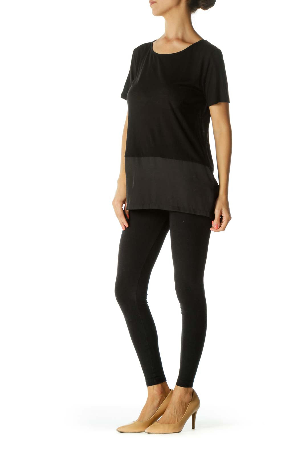 Black Round Neck Mixed-Media Stretch Short-Sleeve Top