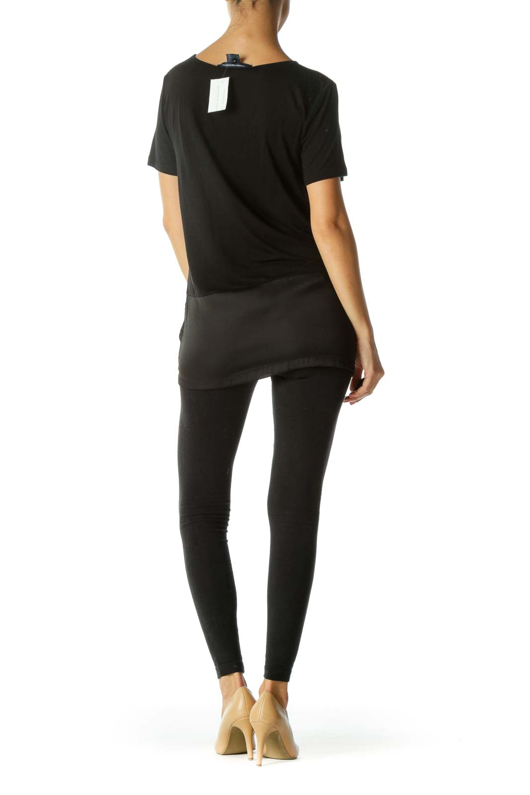 Black Round Neck Mixed-Media Stretch Short-Sleeve Top