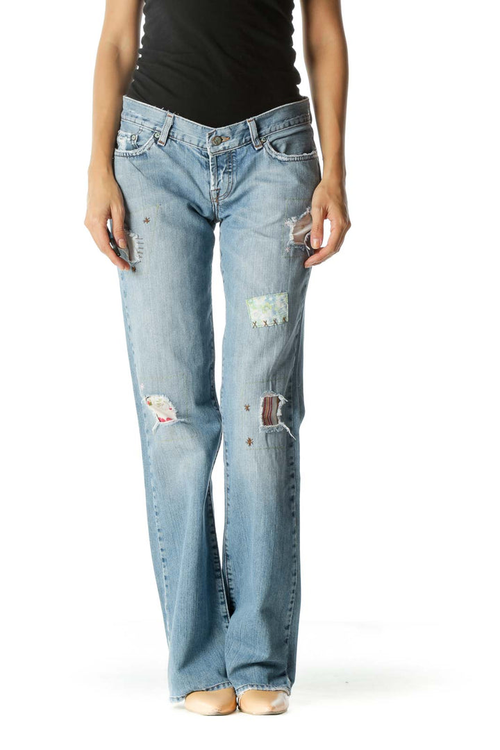 Blue Light Wash Jean with Floral Patchwork