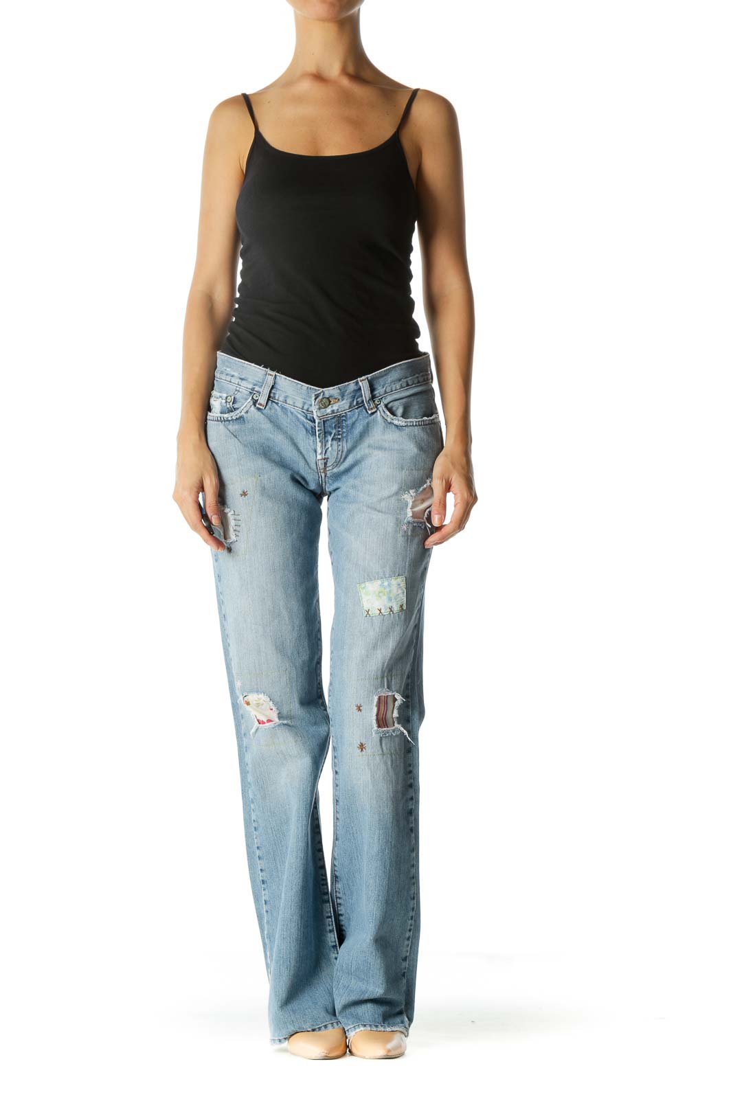 Blue Light Wash Jean with Floral Patchwork