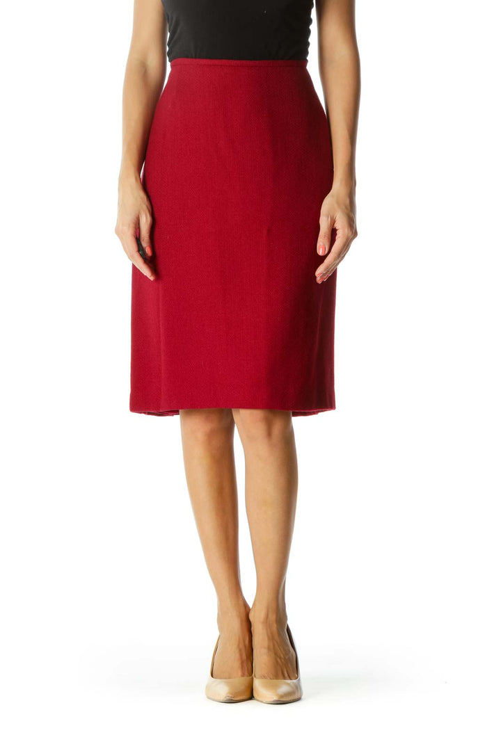 Dark Red Wool Blend Zippered Cinched-Waist Slitted Skirt