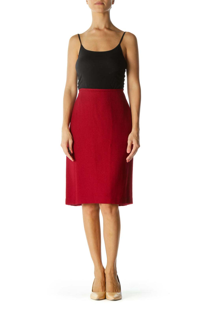 Dark Red Wool Blend Zippered Cinched-Waist Slitted Skirt