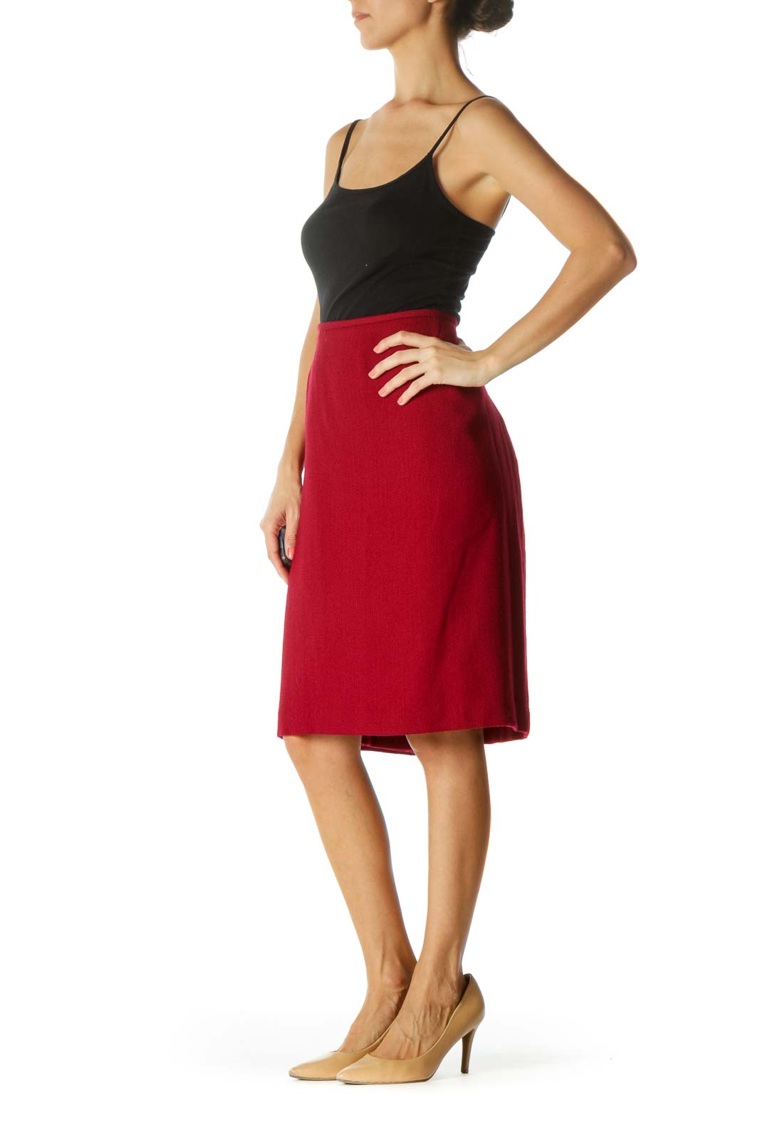 Dark Red Wool Blend Zippered Cinched-Waist Slitted Skirt