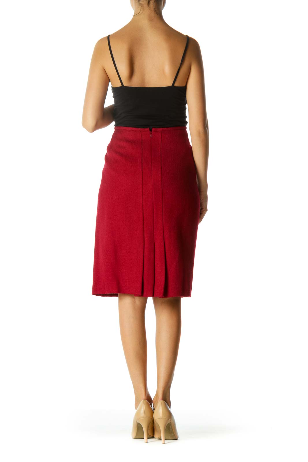 Dark Red Wool Blend Zippered Cinched-Waist Slitted Skirt