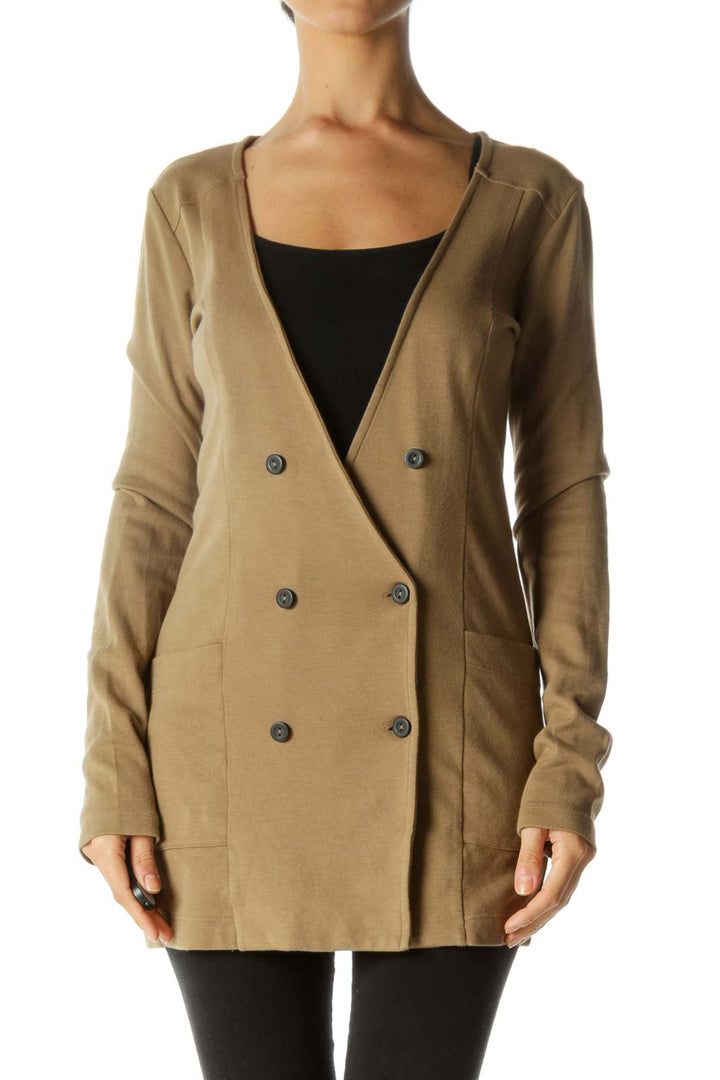 Beige Deep V-Neck Pocketed Buttoned Soft Jacket