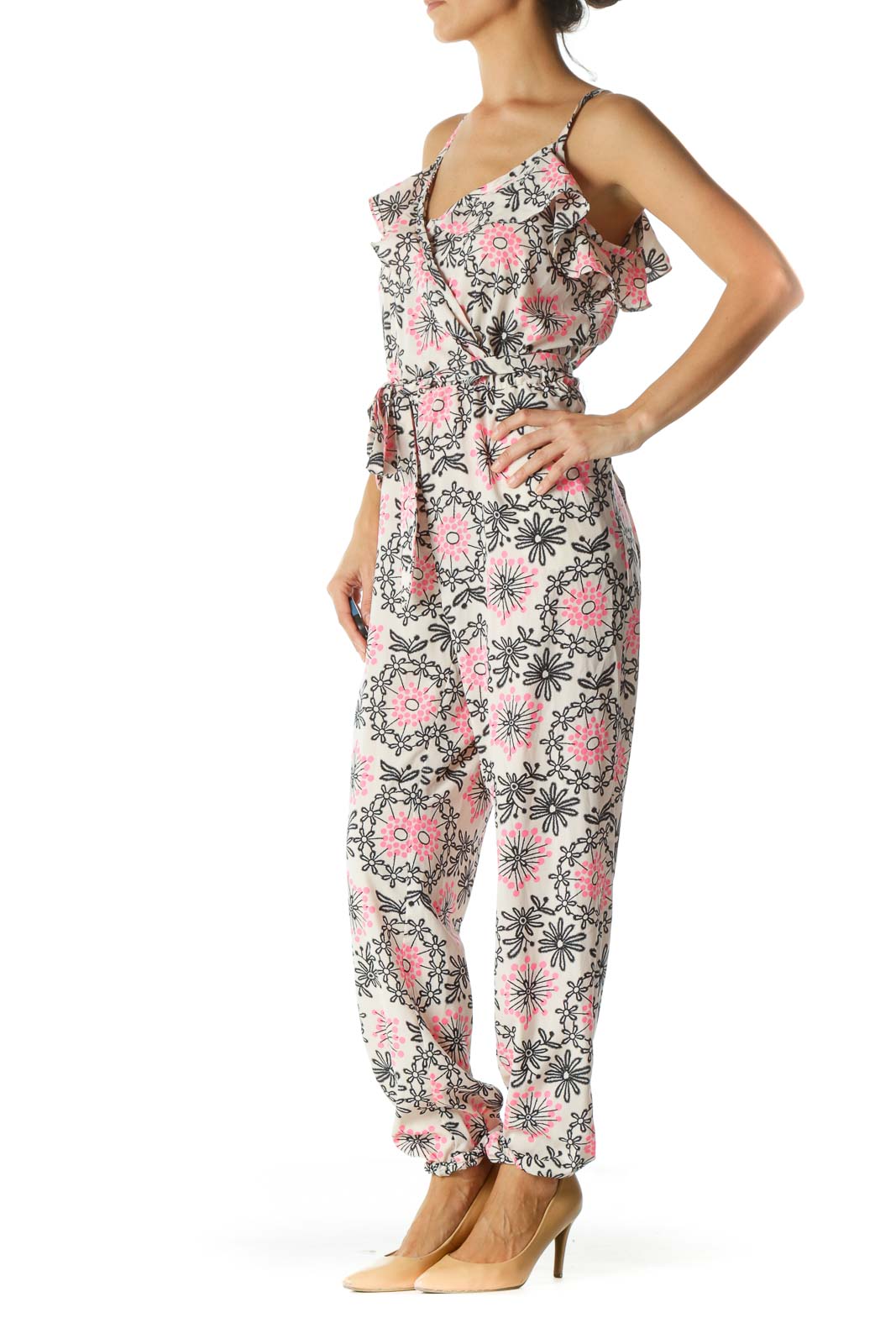 Cream Neon Floral Ruffled Jumpsuit