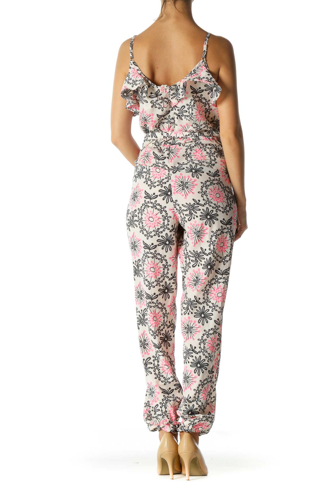 Cream Neon Floral Ruffled Jumpsuit