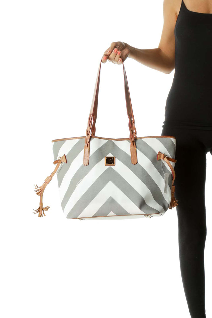 White Gray Chevron Print Magnetic Closure Tote Bag