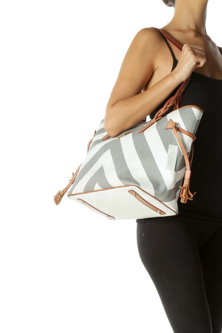 White Gray Chevron Print Magnetic Closure Tote Bag