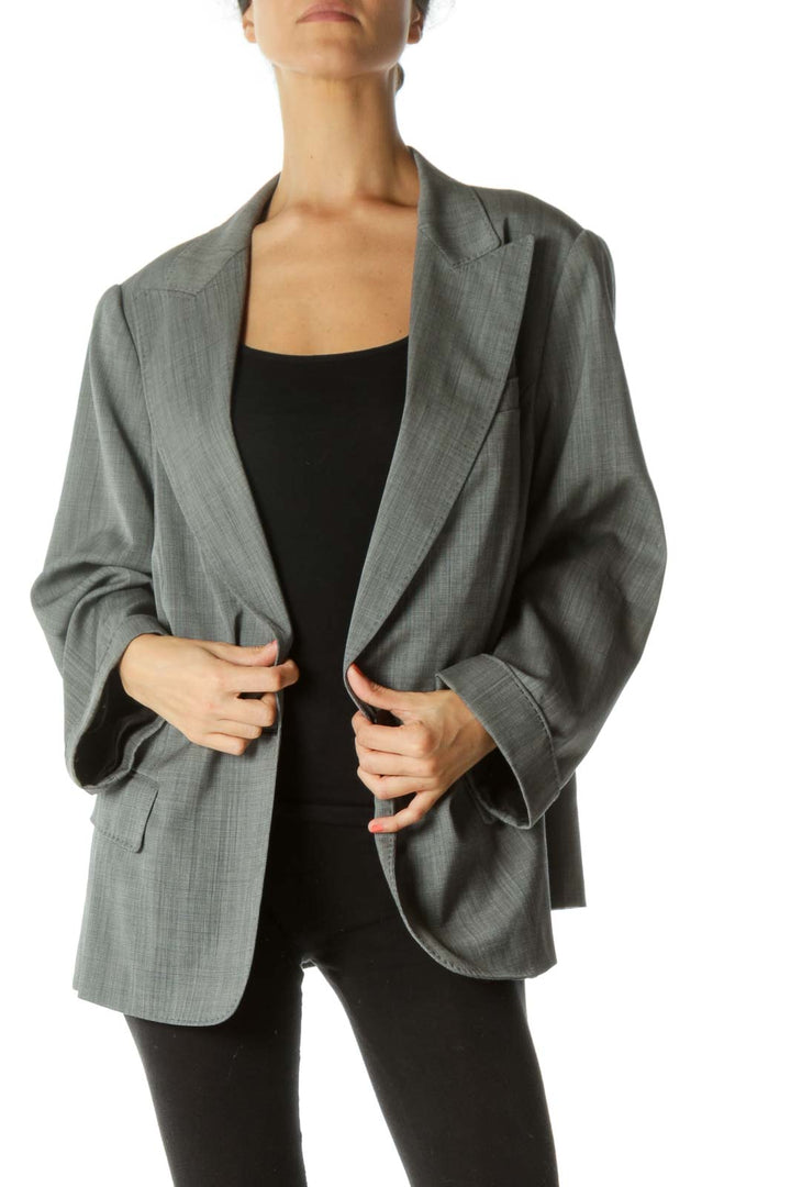 Black White Wool Blend Stitching-Detail Faux-Pockets Padded Shoulders Blazer