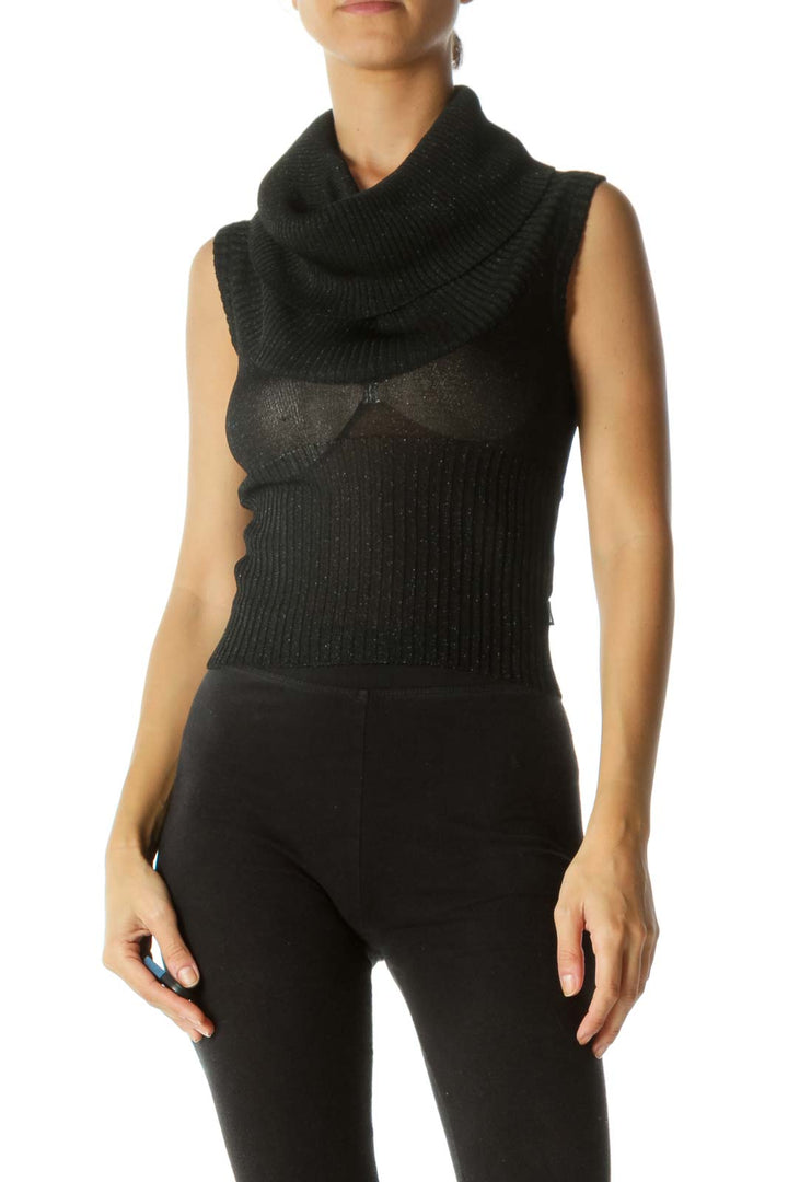 Black Metallic Thread Cowl Neck Stretch Crop Knit Top