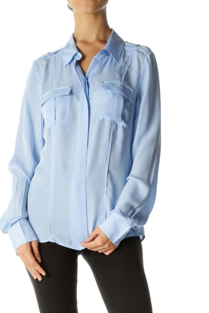 Light Blue 100% Silk Buttoned Small Hardware Details Loose Shirt