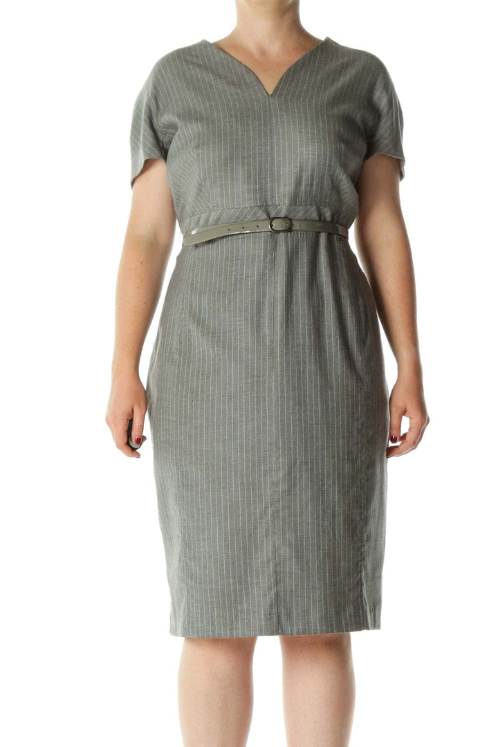 Gray Fleece Wool Blend V-Neck Striped Belted Stretc Dress