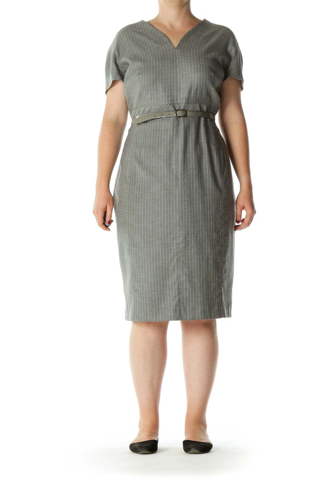 Gray Fleece Wool Blend V-Neck Striped Belted Stretc Dress