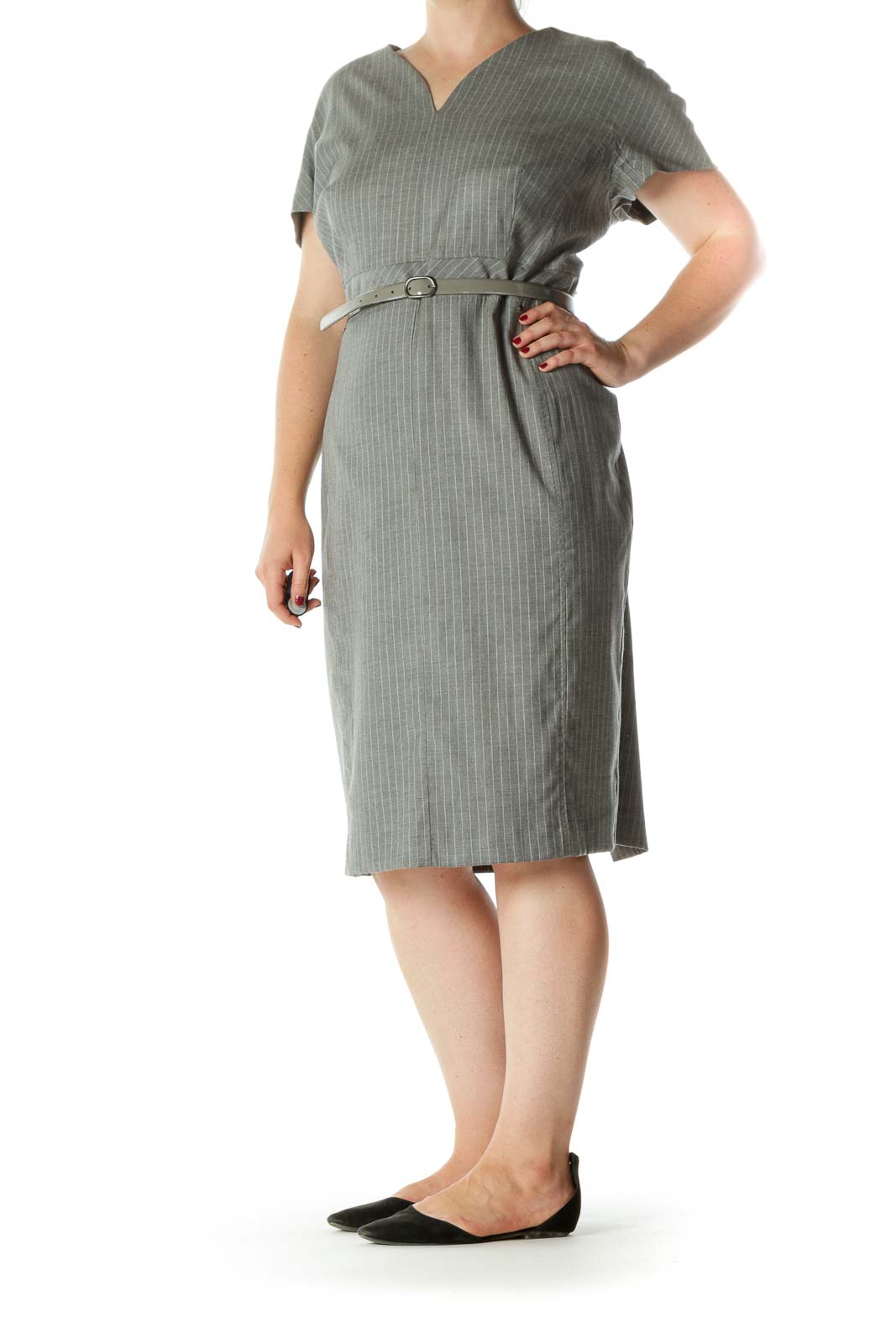 Gray Fleece Wool Blend V-Neck Striped Belted Stretc Dress