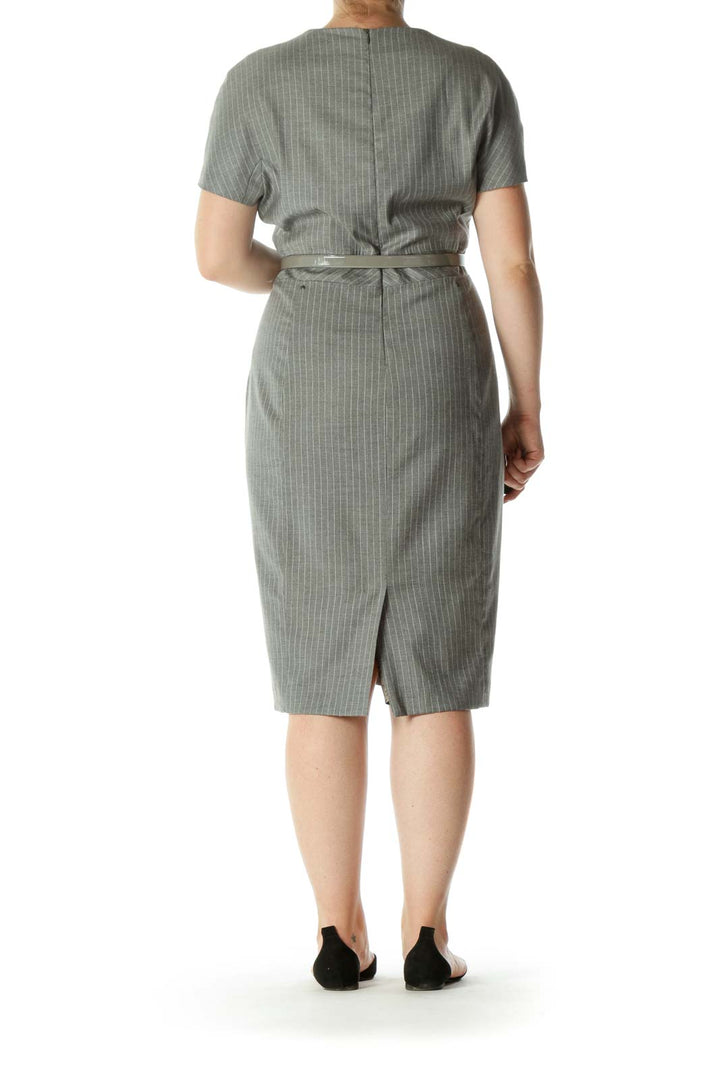 Gray Fleece Wool Blend V-Neck Striped Belted Stretc Dress