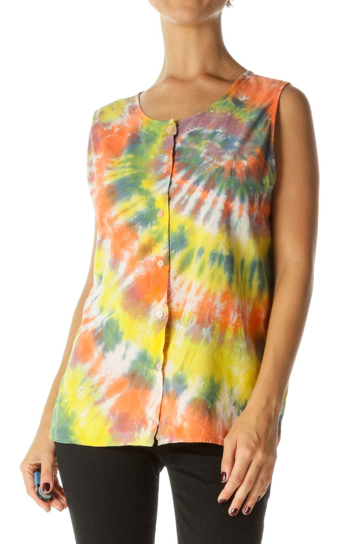 Tie-Dye Sleeveless Button-Down Blouse