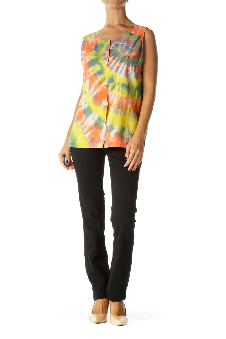 Tie-Dye Sleeveless Button-Down Blouse